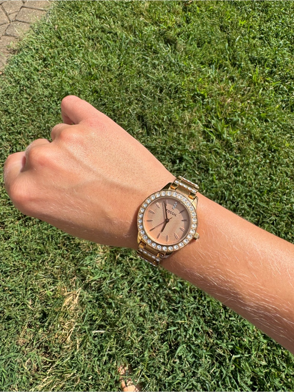 Fossil Gold-Tone Watch with Rose Dial and Crystal Bezel